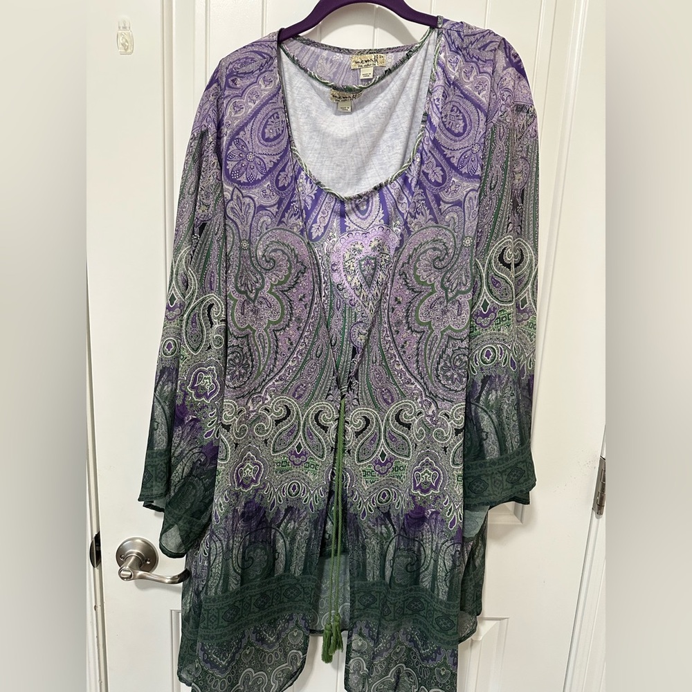 One World Womens Plus Paisley Purple and Green Kimono and Tank Set